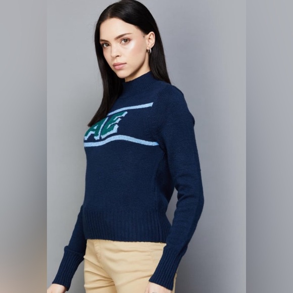 American Eagle Woven Holiday High Neck Knitted Navy Blue Sweater Size S NEW - Picture 3 of 8